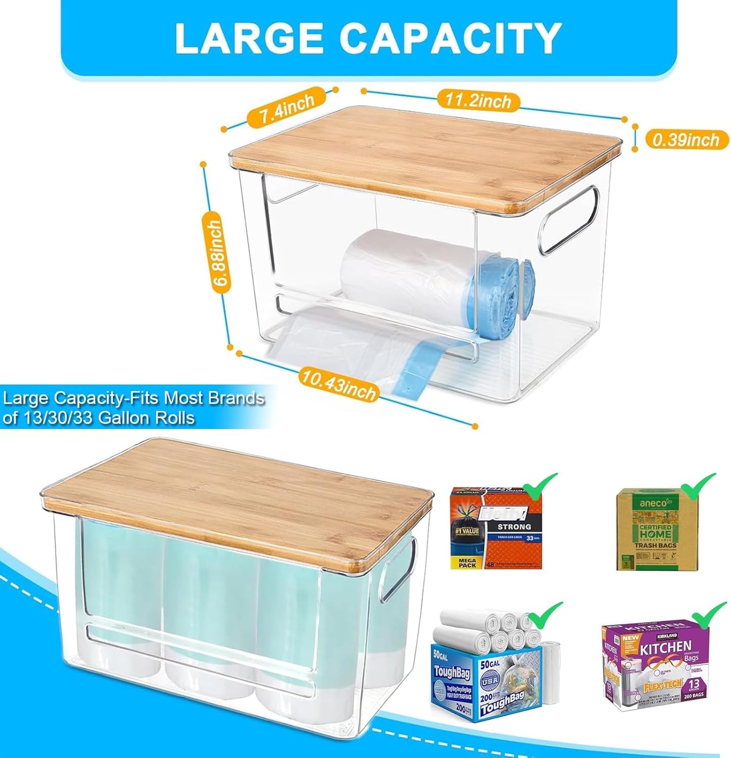 Trash Bags Dispenser, Trash Bag Holder, Stackable Garbage Bag Holder with Bamboo Lid