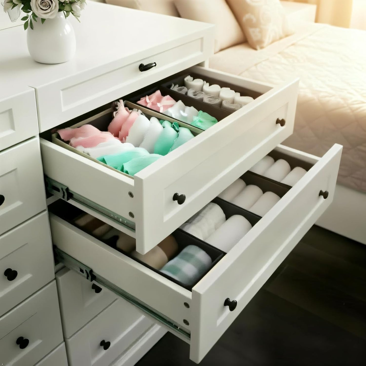 Sock Drawer Organizer 3 Pack - Collapsible Fabric Storage Bins for Underwear Divider