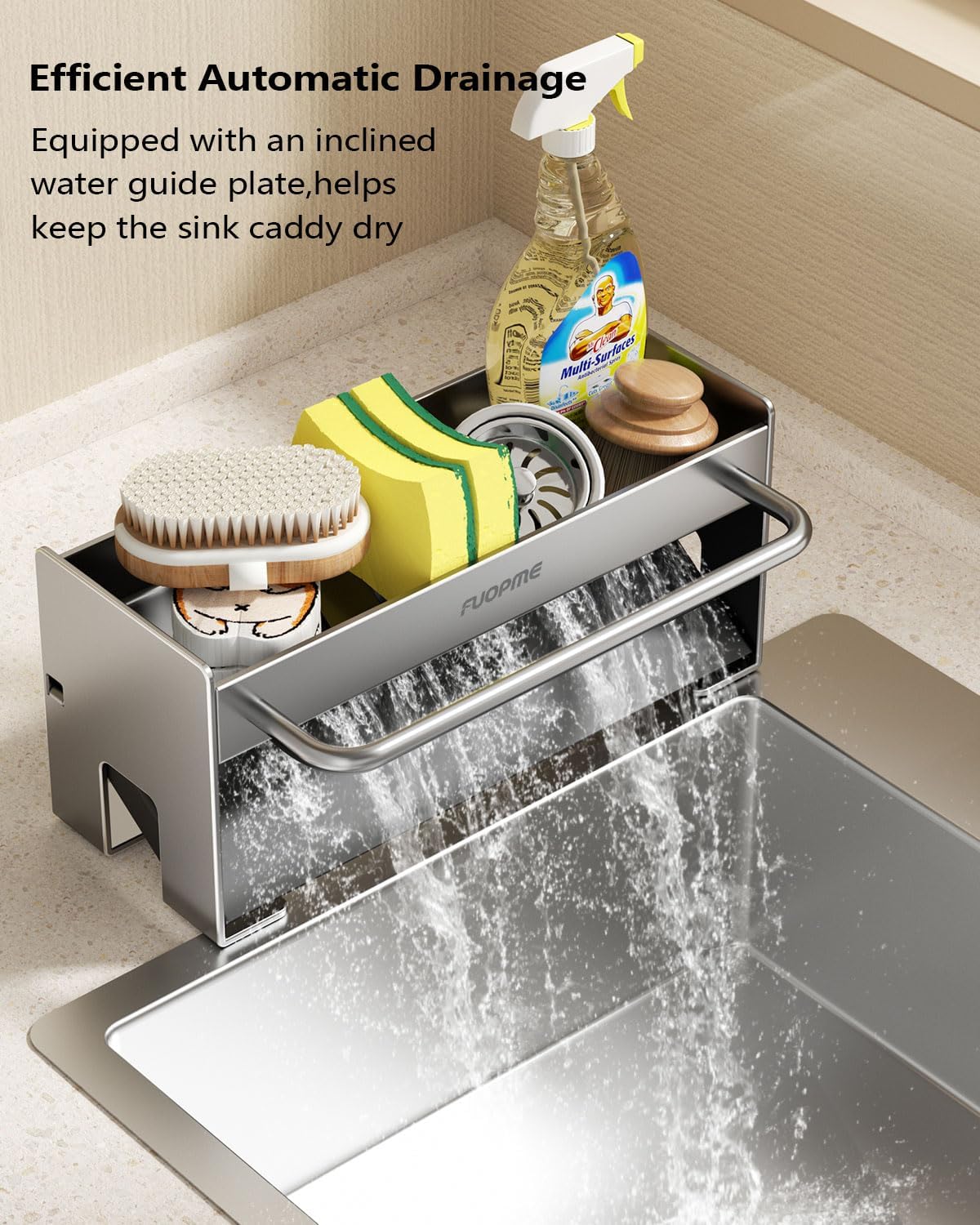 Kitchen Sink Organizer Sponge Holder:Sink Caddy with Dishrag Holder,Rustproof Carbon Steel with Auto-Drain,Dish Sponge & Soap Dispenser Towel Rack for Kitchen Countertop Storage, Grey