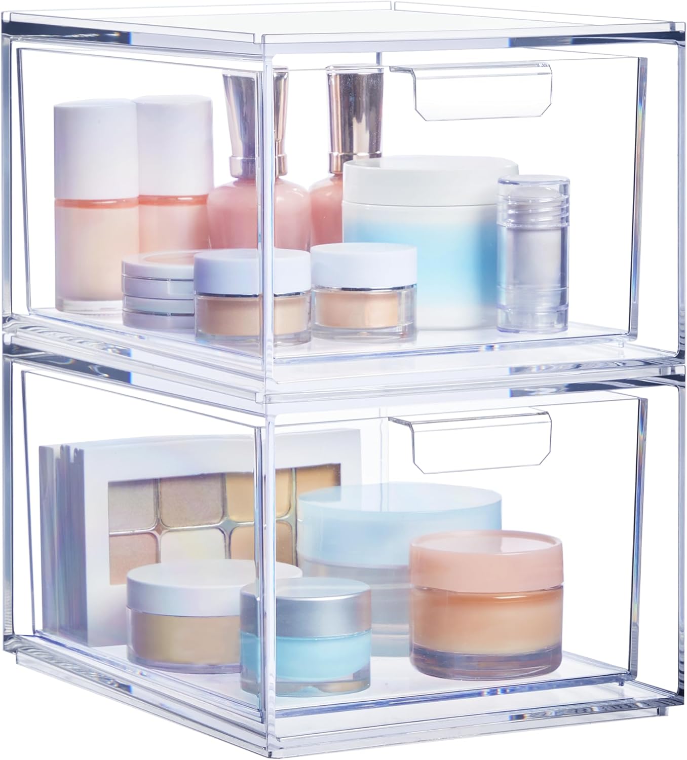 Audrey Stackable Clear Bin Plastic Organizer Drawers | 2 Piece Set | Organize Cosmetics and Beauty Supplies on a Vanity | Made in USA