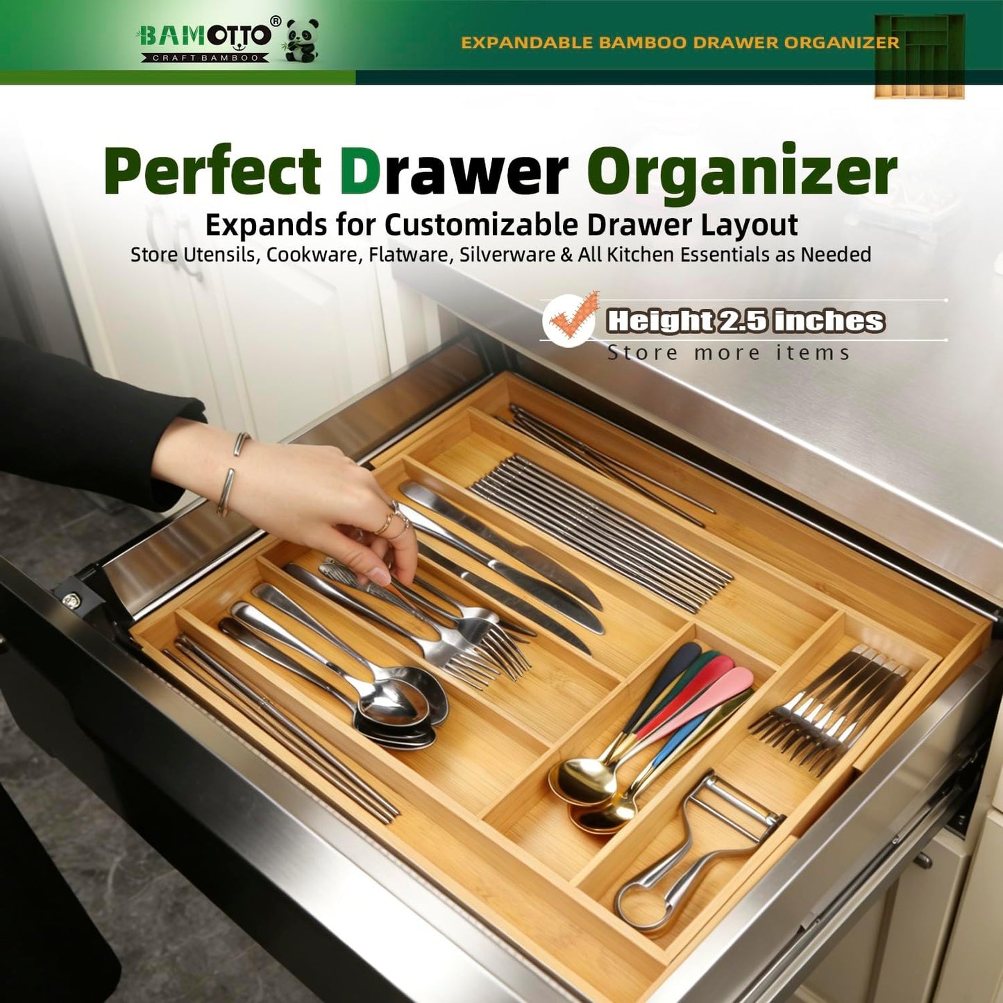 Expandable Bamboo Kitchen Drawer Organizer – Silverware Organizer