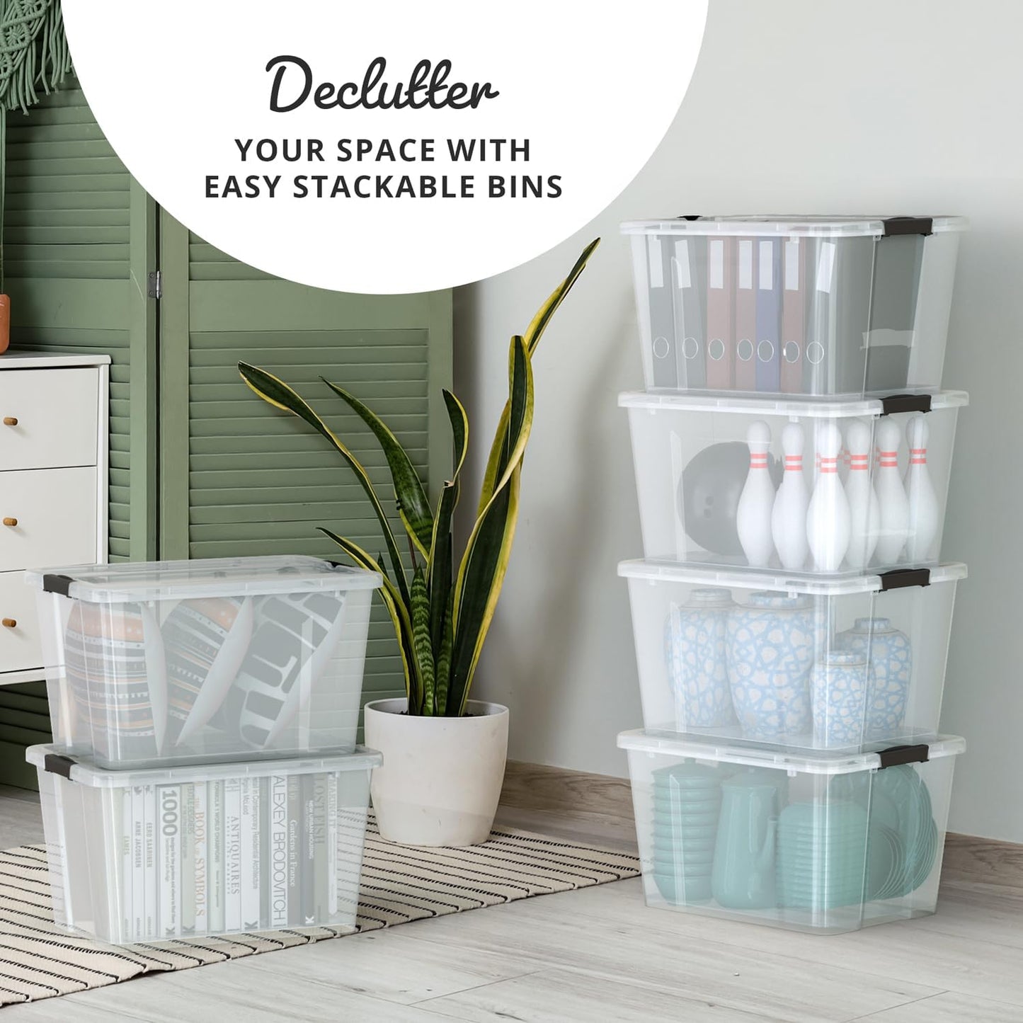 6 PACK 34 Qt. Plastic Storage Bin Tote Organizing Container with Ultra Durable Lid & Secure Latching Buckles Stackable Extra Strength Clear w/Black Handle