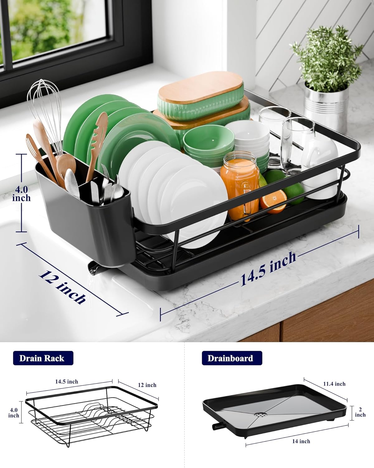 Dish Drying Rack - Compact Dish Rack with Utensil Holder & Adjustable Water Outlet