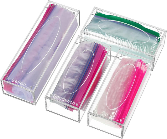Food Bag Storage Organizer, Acrylic Kitchen Drawer Baggie Box, Compatible with Gallon