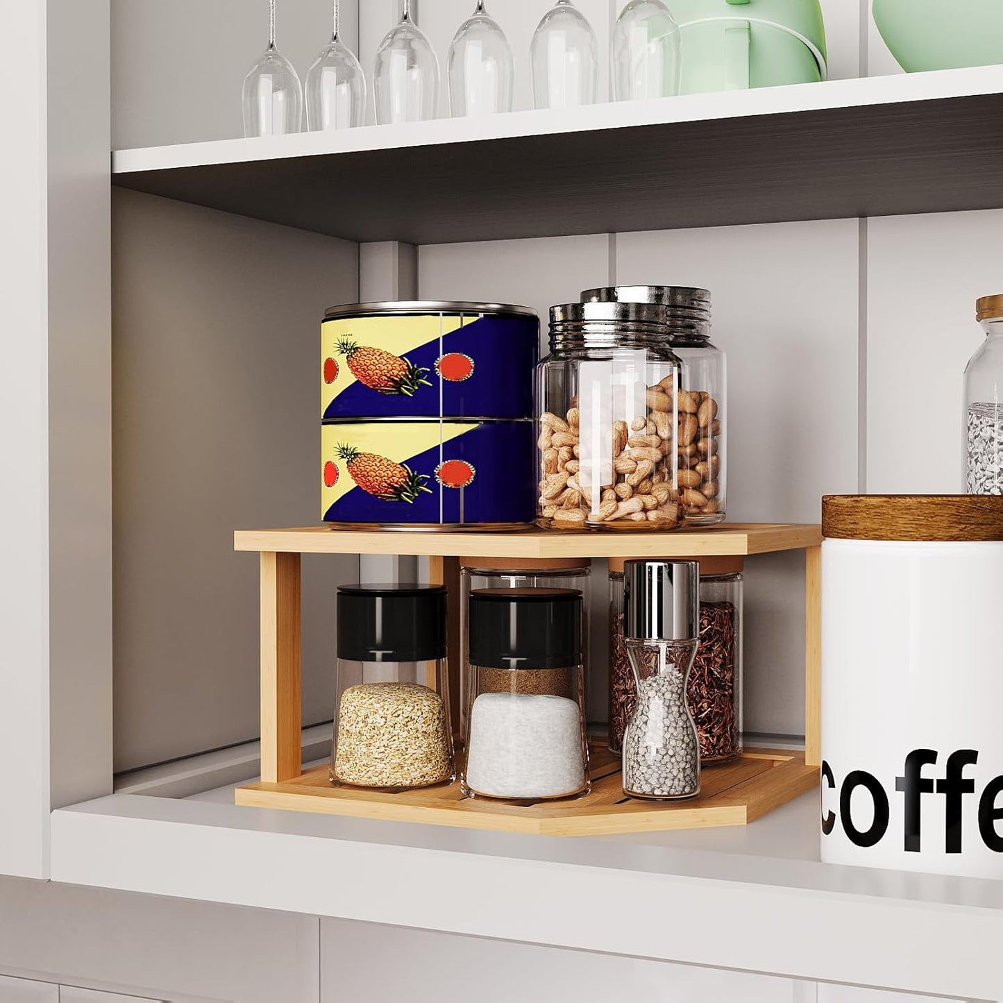 Bamboo Corner Shelf,2 Tier Plate Organizer for Cabinet and Countertop,Pantry Dish and Spice Rack for Kitchen