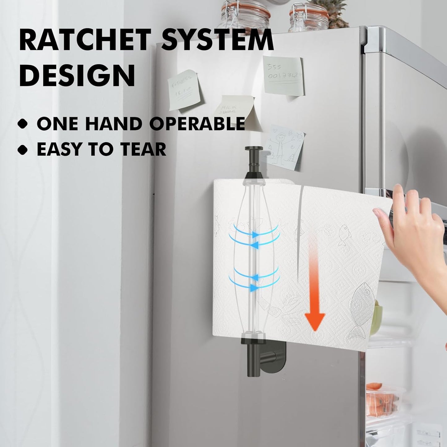 Magnetic Paper Towel Holder, One Hand Operable Paper Towel Holder Wall Mount Self Adhesive and Strong Magnetic Backing for Kitchen Refrigerator Grill RV(Black)