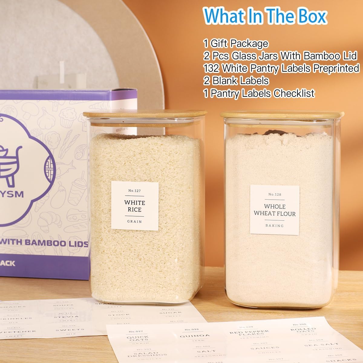 2 Pack large Square Glass Flour and Sugar Containers with 132 Kitchen Pantry Labels