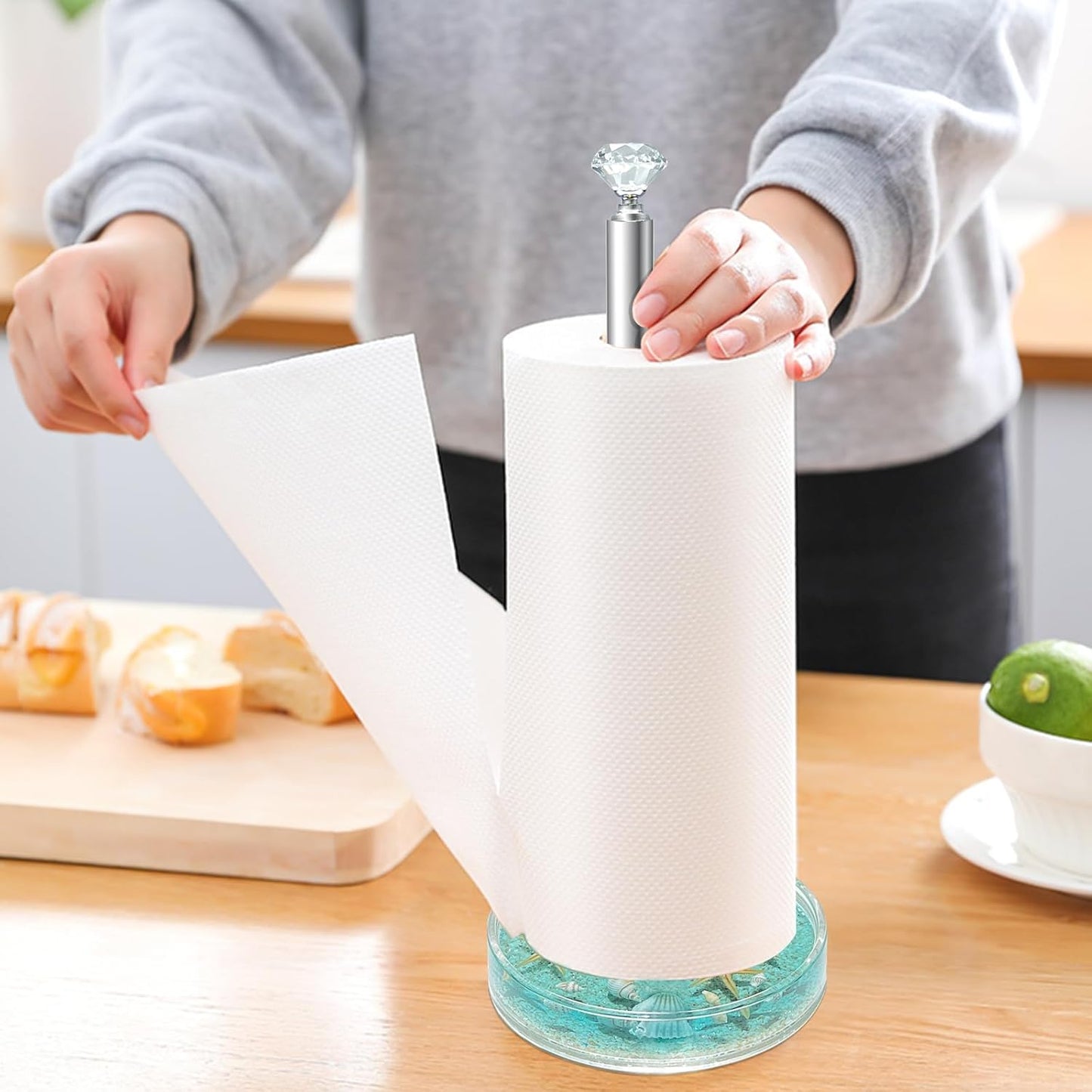 Paper Towel Holder Countertop Acrylic w/Nature Seashell Handmade,Seascape Standing Paper Towel Roll Holder for Kitchen Bathroom w/Weighted Base for One-Handed Operation,Unique Gifts (Blue)