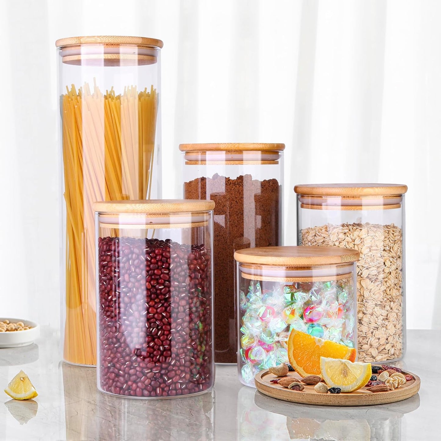 Glass Food Storage Jars, Food Containers with Airtight Bamboo Lids for Pasta, Cookies, Nuts