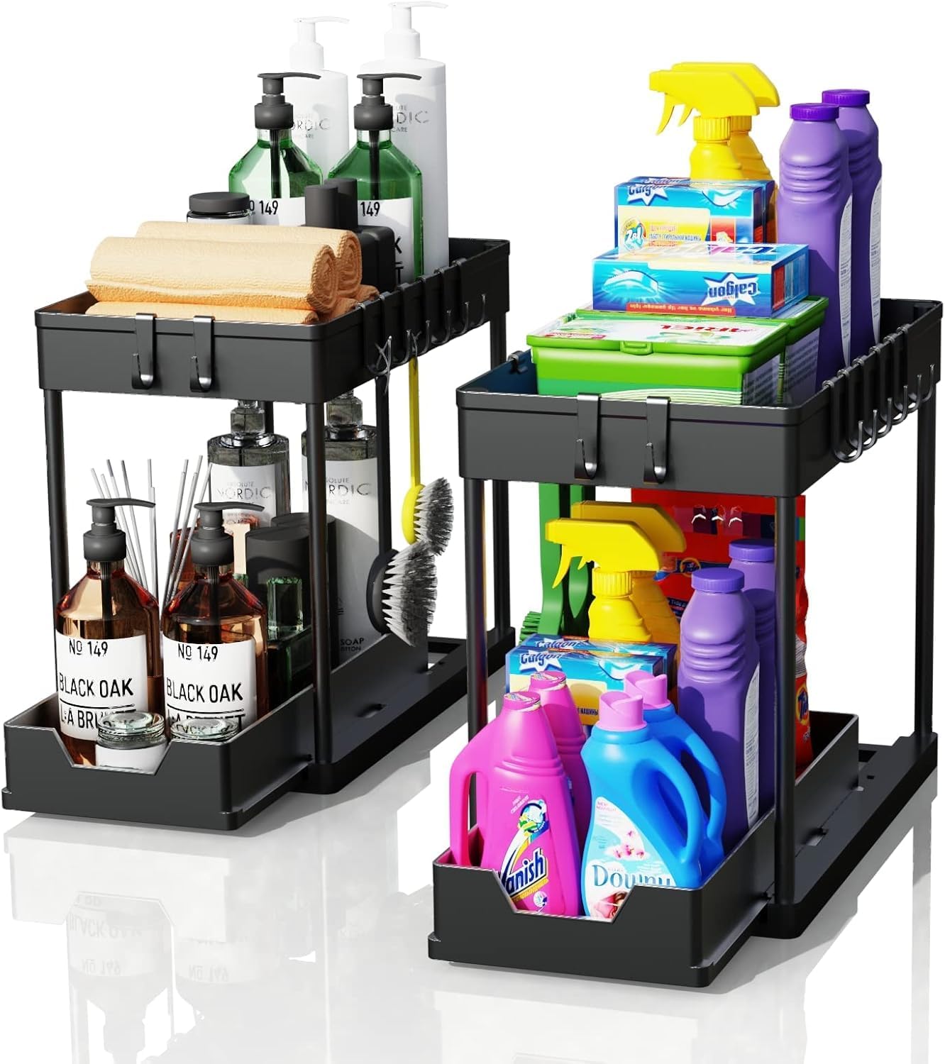 2 Pack black Under Sink Organizers and Storage, 2-Tier Sliding Cabinet Basket Organizer with Hooks