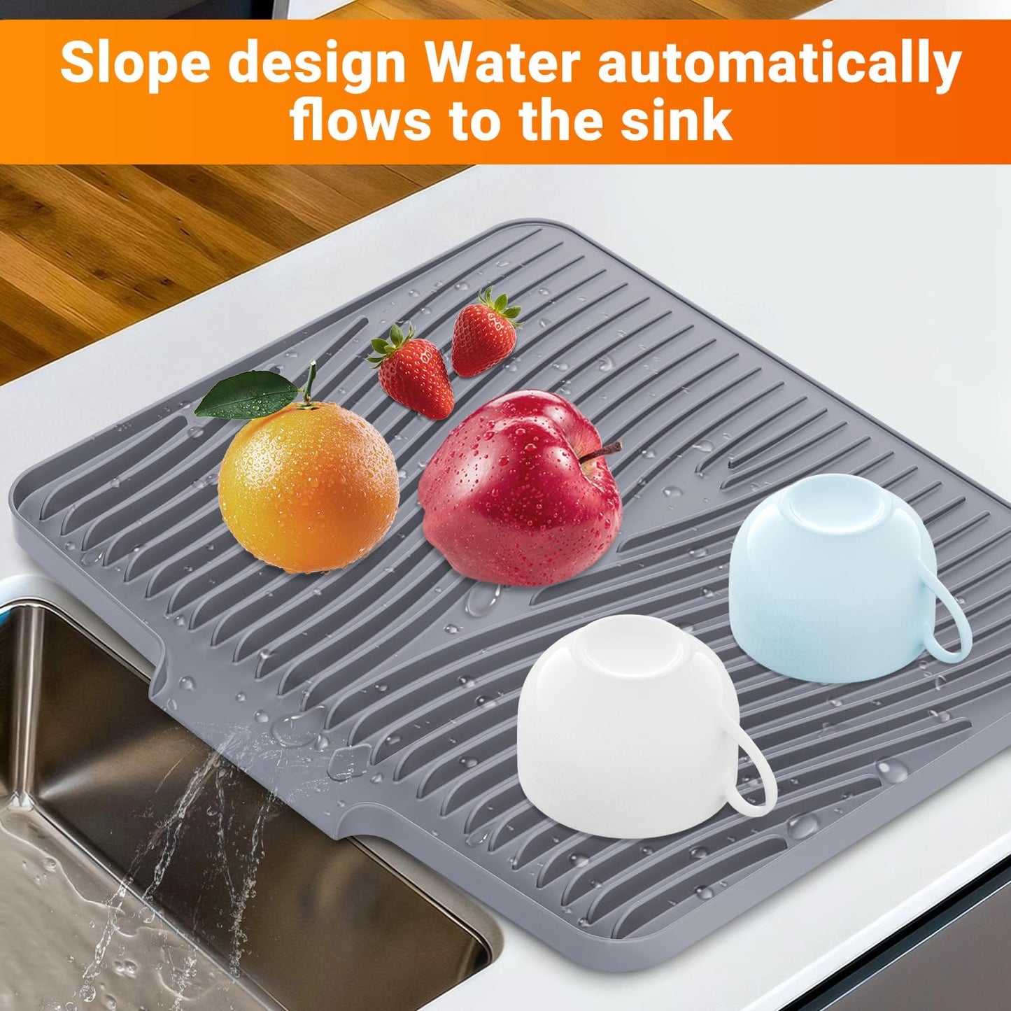 Silicone Dish Drying Mat for Kitchen Counter, Non-Slip Drain Pad, Dish Drying Pad