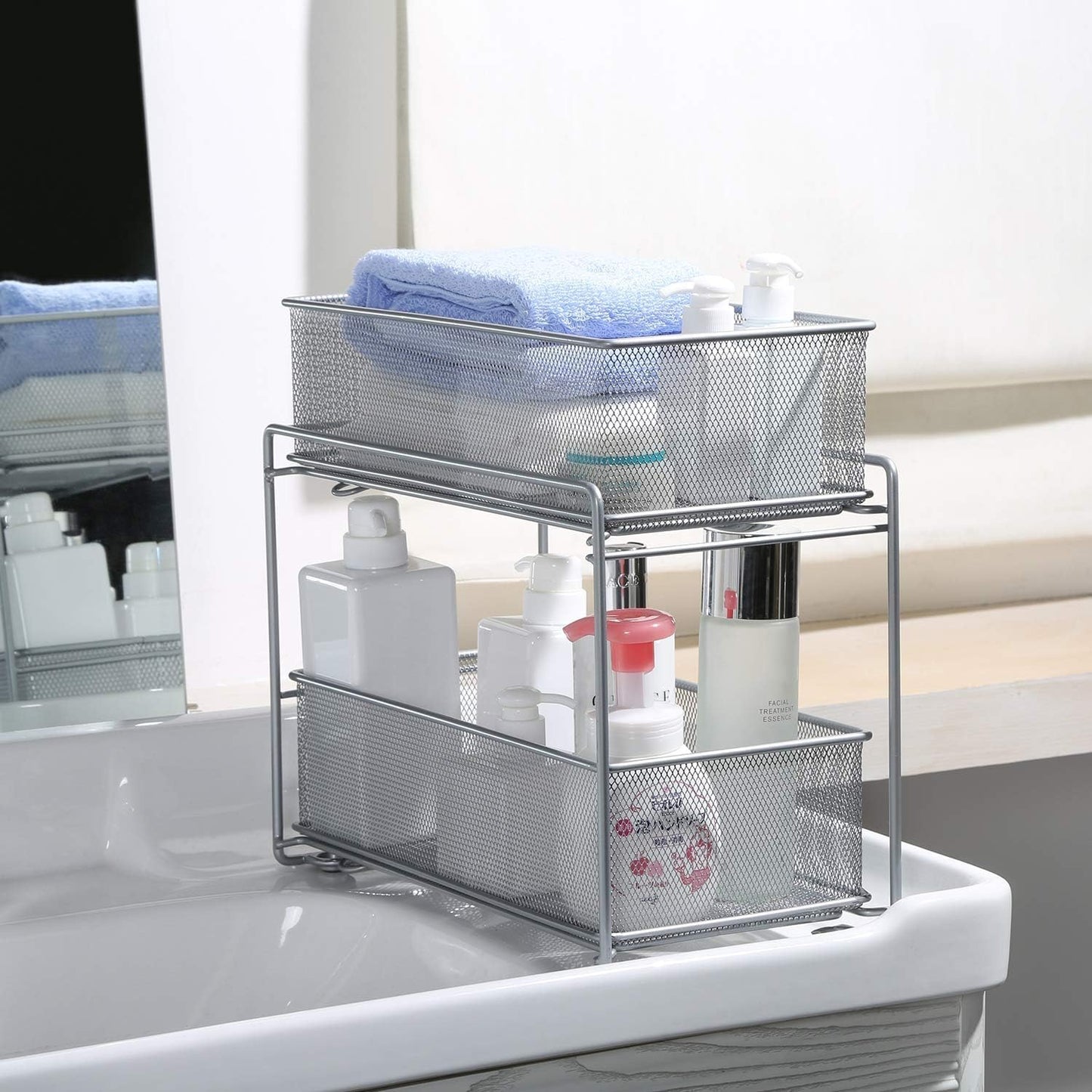 2 Tier Sliding Basket Stackable Cabinet Pull-Out Drawer Mesh Organizer for Kitchen Under Sink Storage (Silver)