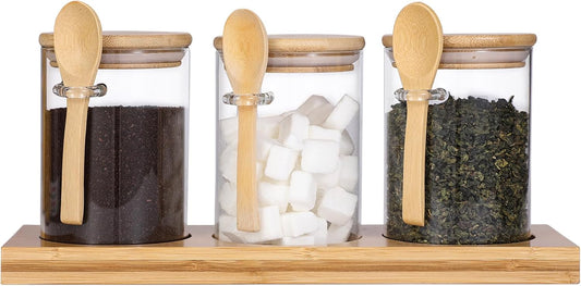 Glass Spice Storage Container with Spoon, 3PCS 20oz Airtight Sealed Condiment Jar with Tray