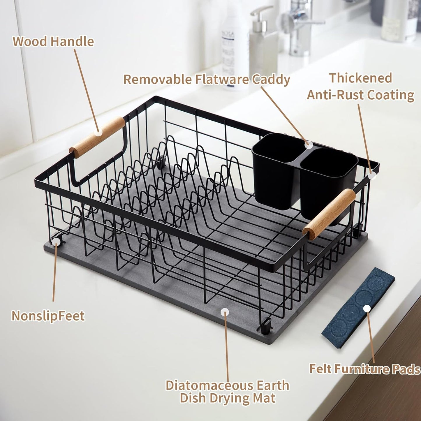 Dish Drying Rack with Stone Drying Mat, Dish Drainer and Diatomaceous Earth Dish Mat