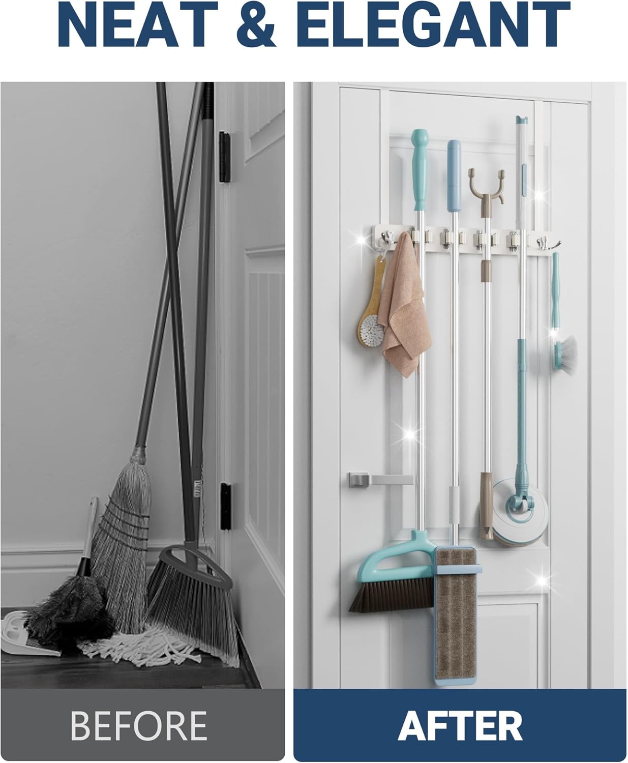 Broom Holder Door Mount, Over the Door Broom and Mop Holder with 2 Over Door Hooks