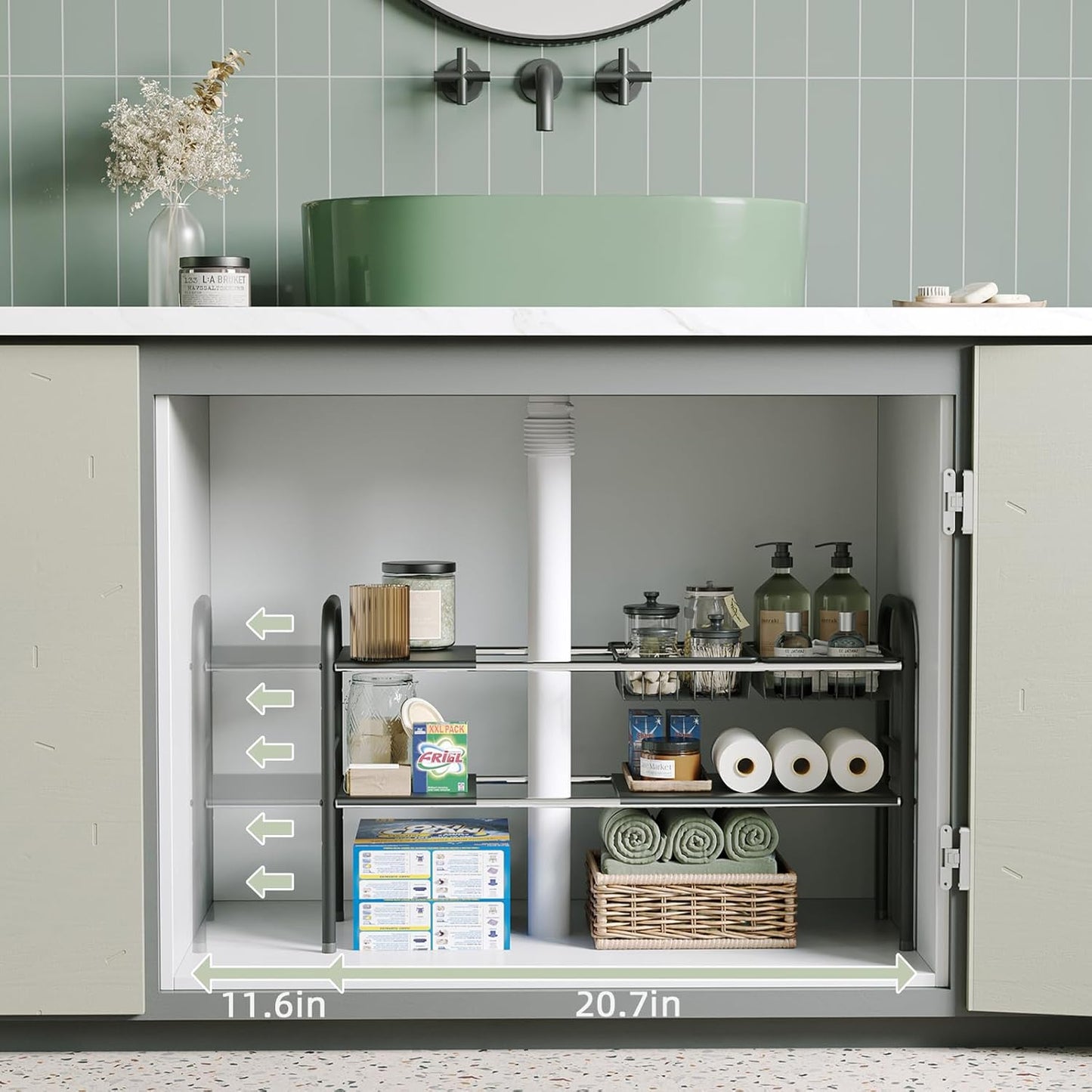Under Sink Organizers and Storage, 2 Tier Expandable Under Cabinet Organizer Shelf with 2 Baskets and 6 Panels, Expandable Shelf for Cupboard, Kitchen, Bathroom, Shoe Storage Rack