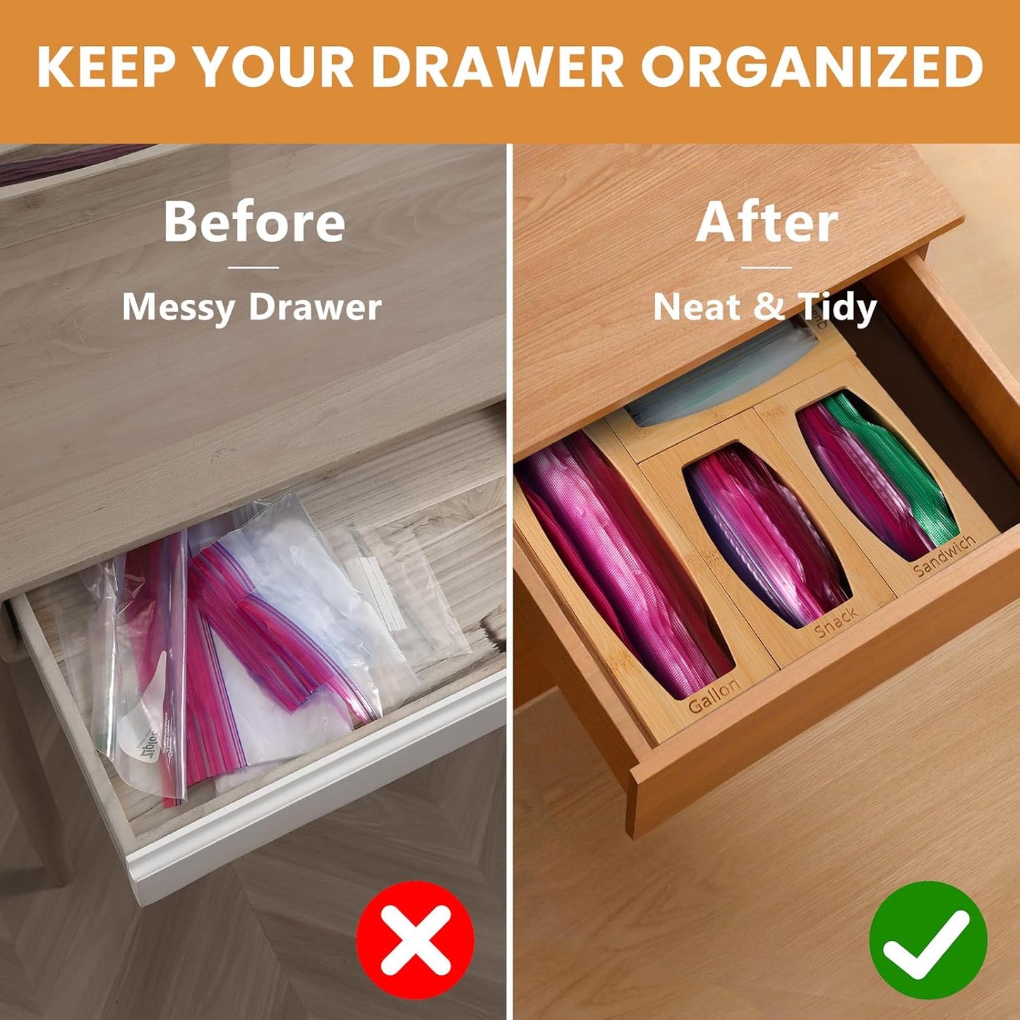 Bamboo Plastic Bag Storage Organizer for Kitchen Drawer, 4 Separate Baggie Organizer