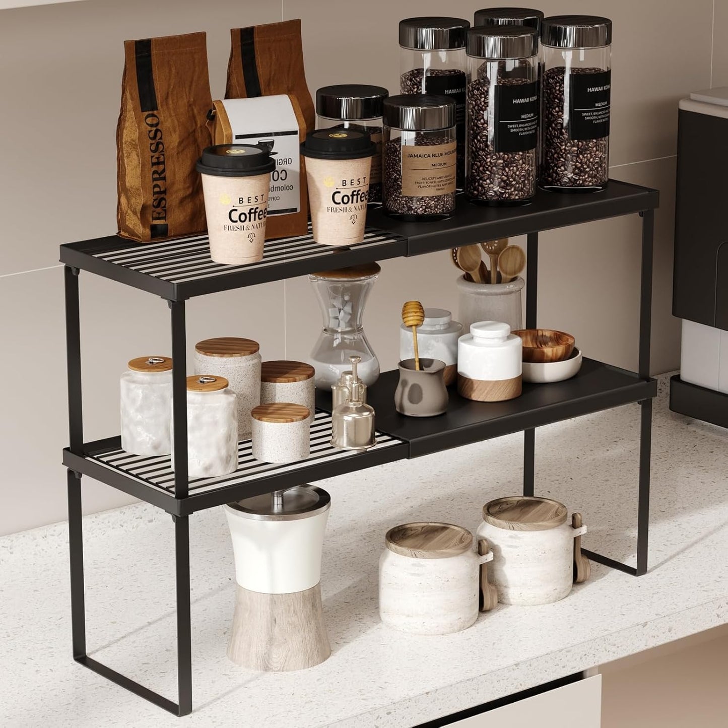 Expandable Cabinet Shelf Organizer, 2 Pack Stackable Kitchen Counter Shelf Riser
