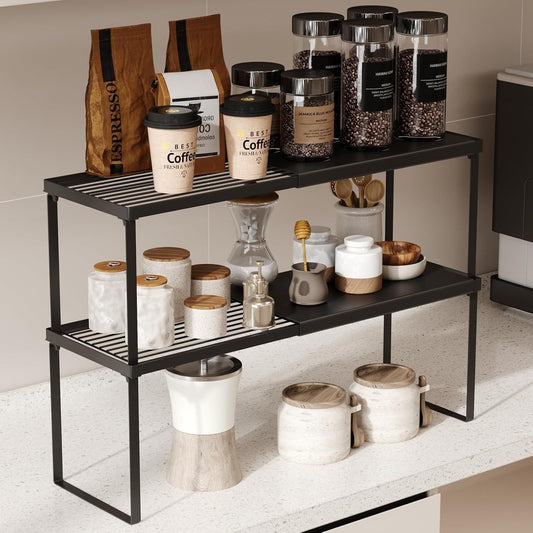 Expandable Cabinet Shelf Organizer, 2 Pack Stackable Kitchen Counter Shelf Riser