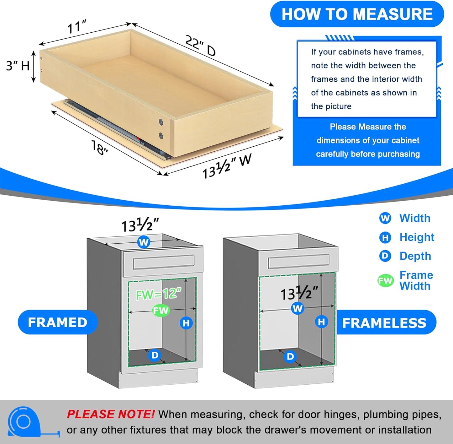 Soft Close Pull Out Cabinet Organizer, 11" W x 22" D Cabinet Roll Out Drawers