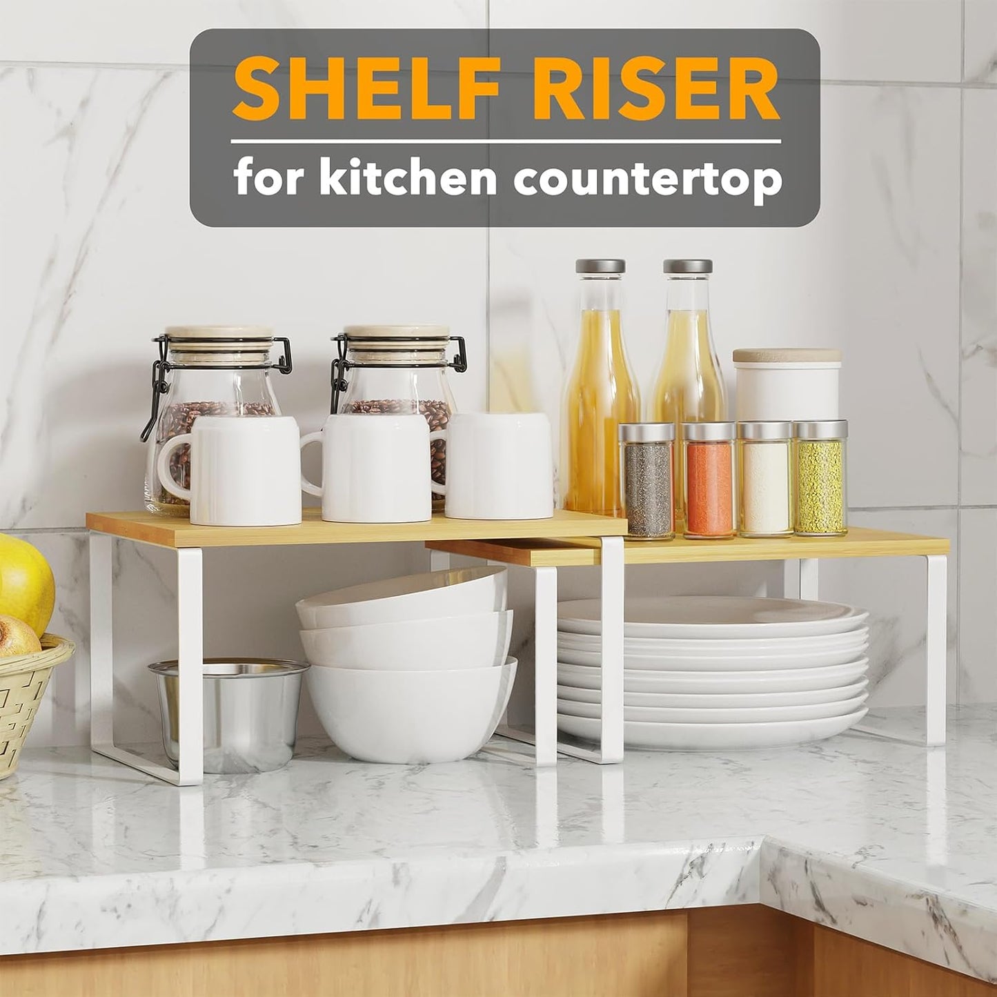 Cabinet Shelf Organizers 2 Pack, Kitchen Counter Rack Shelves Riser