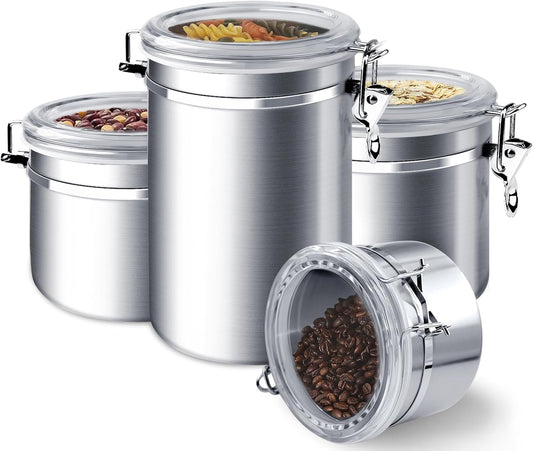 4-Piece Stainless Steel Airtight Food Storage Canister Set with Clear Lid