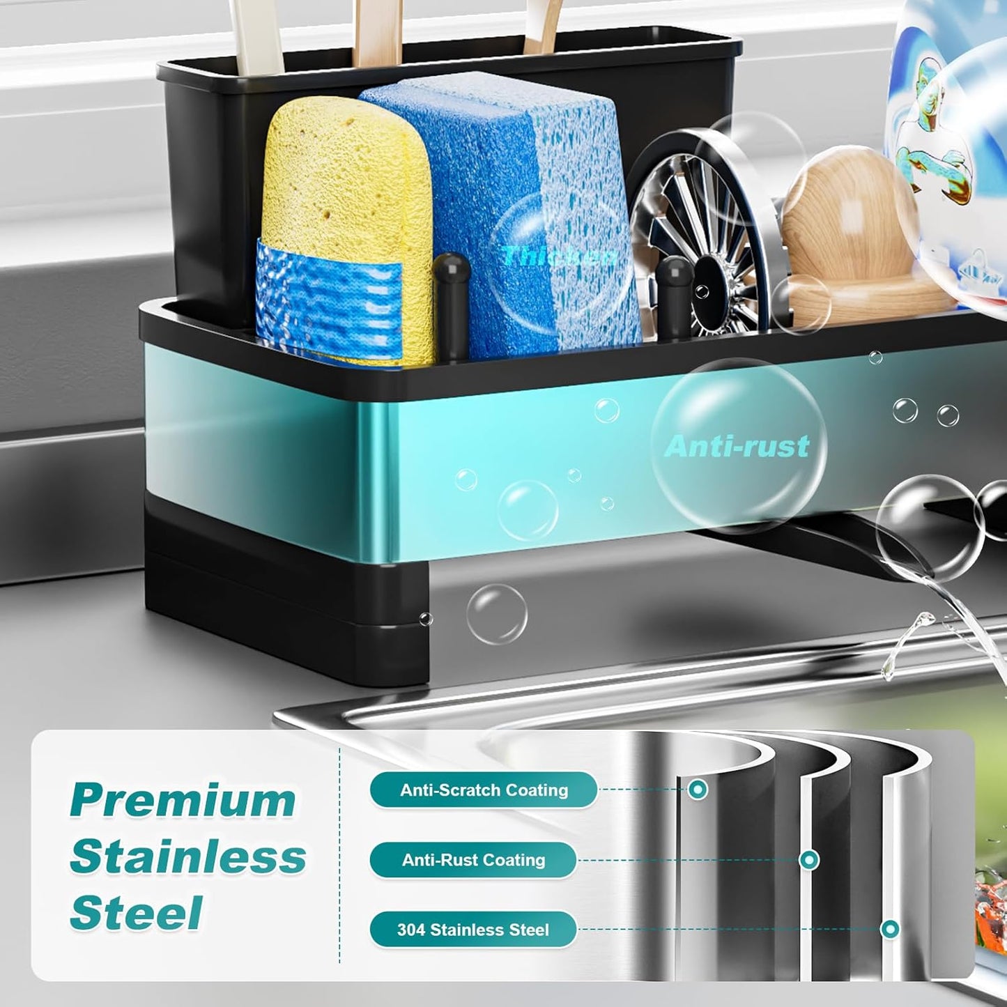 Stainless Steel Sink Caddy, Sponge Holder for Kitchen Sink with Brush Holder Dishcloth Rack