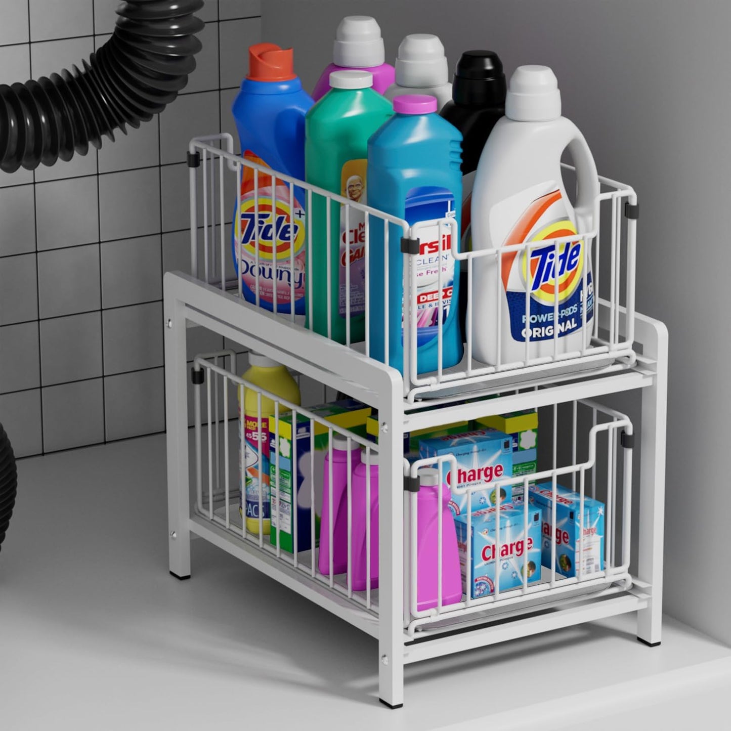2 Tier Sliding Basket Drawer Organizer, Lxmons Pull Out Under Sink Cabinets Organizers
