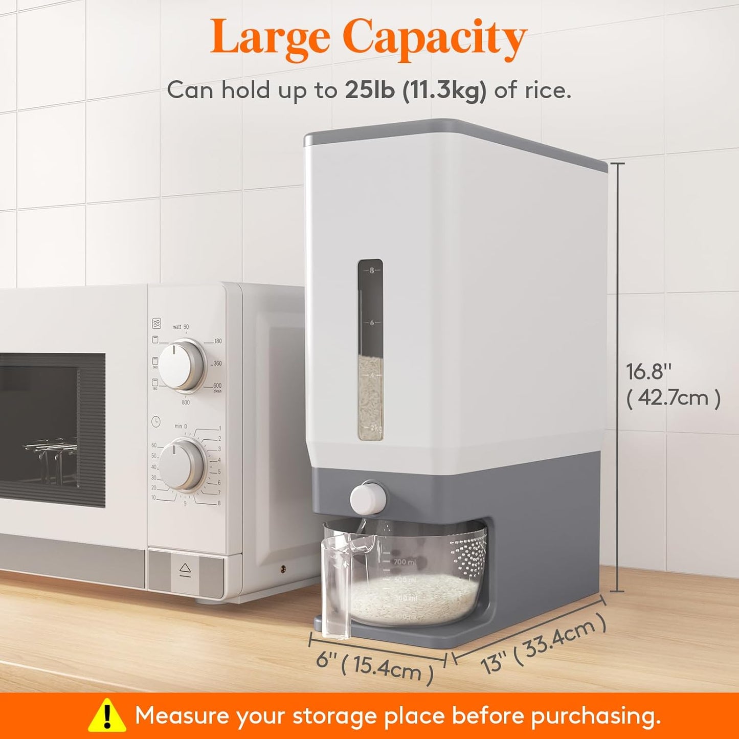 Rice Dispenser 25 Lbs(11.3kg), Rice Storage Container Sealed Moisture Proof with Measuring Cup for Kitchen Pantry Household, BPA-Free, 1 Pack Grey