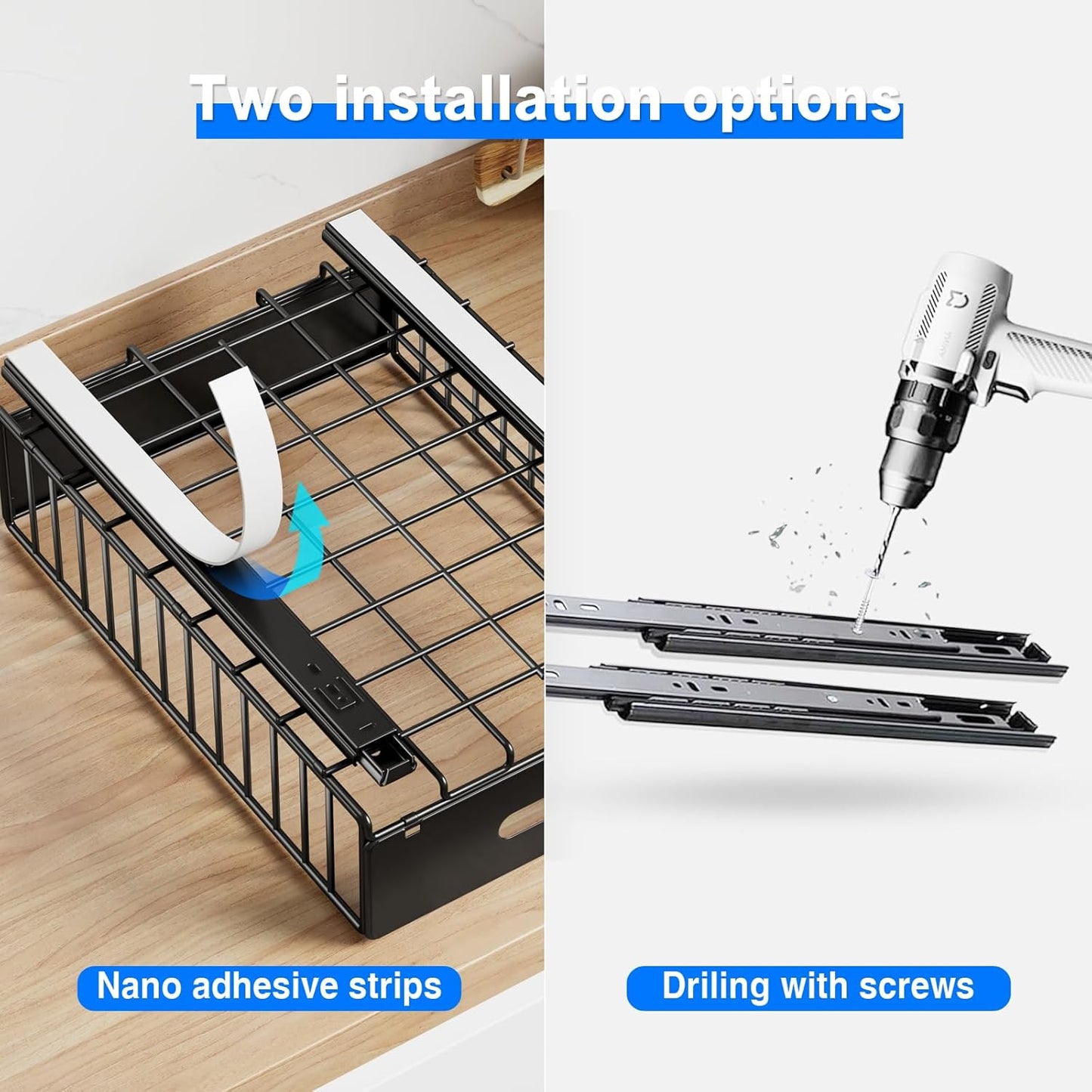 2 Pack Pull Out Cabinet Organizer, Slide Out Drawers for Cabinets, Peel and Stick