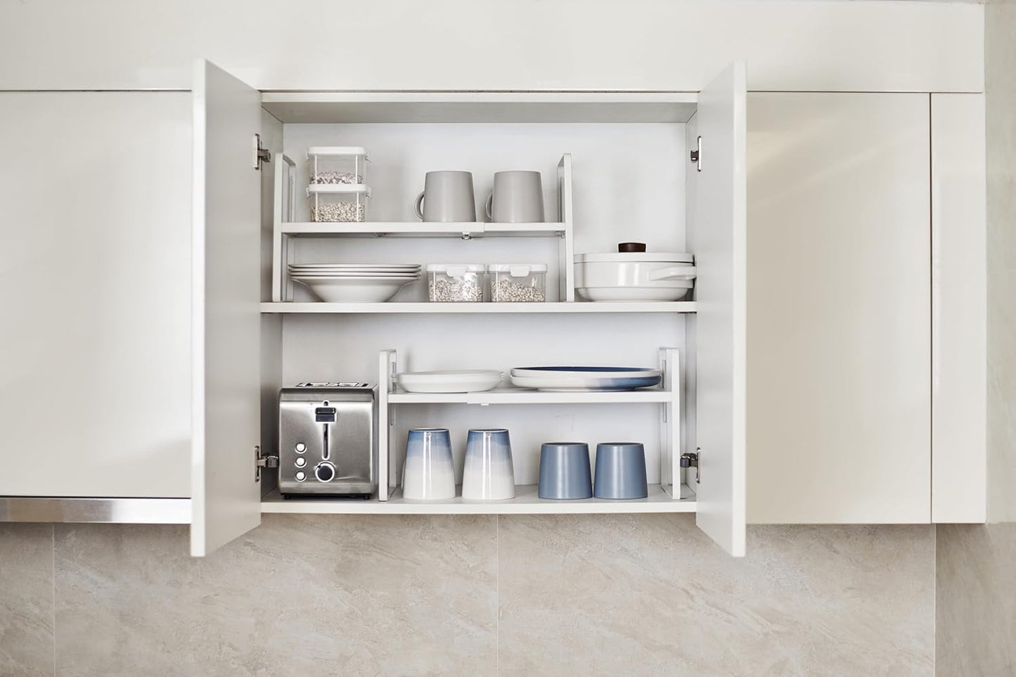 Cabinet Shelf Expandable Height Adjustable Shelf Organizer Riser for Kitchen Cabinet Pantry Cupboard Under Sink Countertop Organization Storage Space Saver Stackable Heavy Duty Metal White XXL
