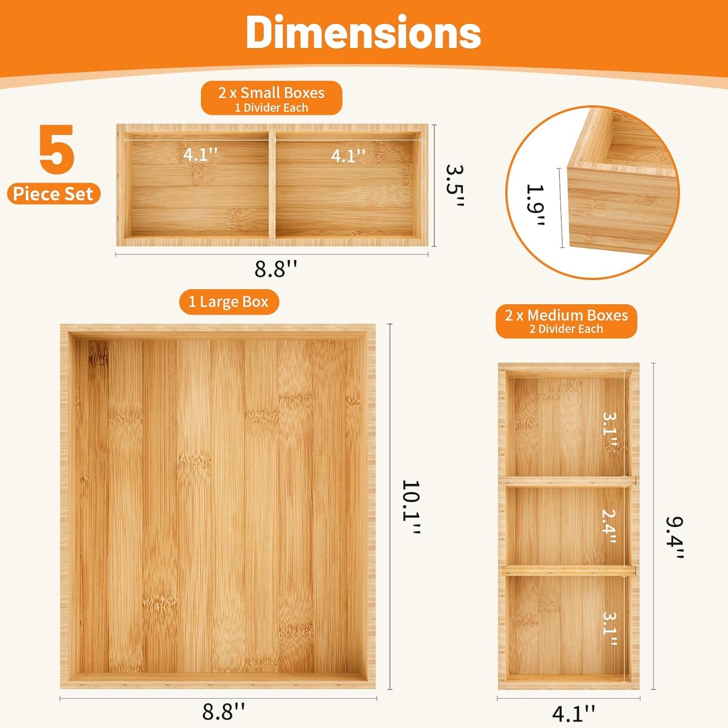 Bamboo Drawer Organizer, 5-Piece Drawer Divider with Removable Dividers for Organization and Storage, Multi-Use Stackable Storage Box & Utensil Holder for Kitchen, Office, Makeup & More