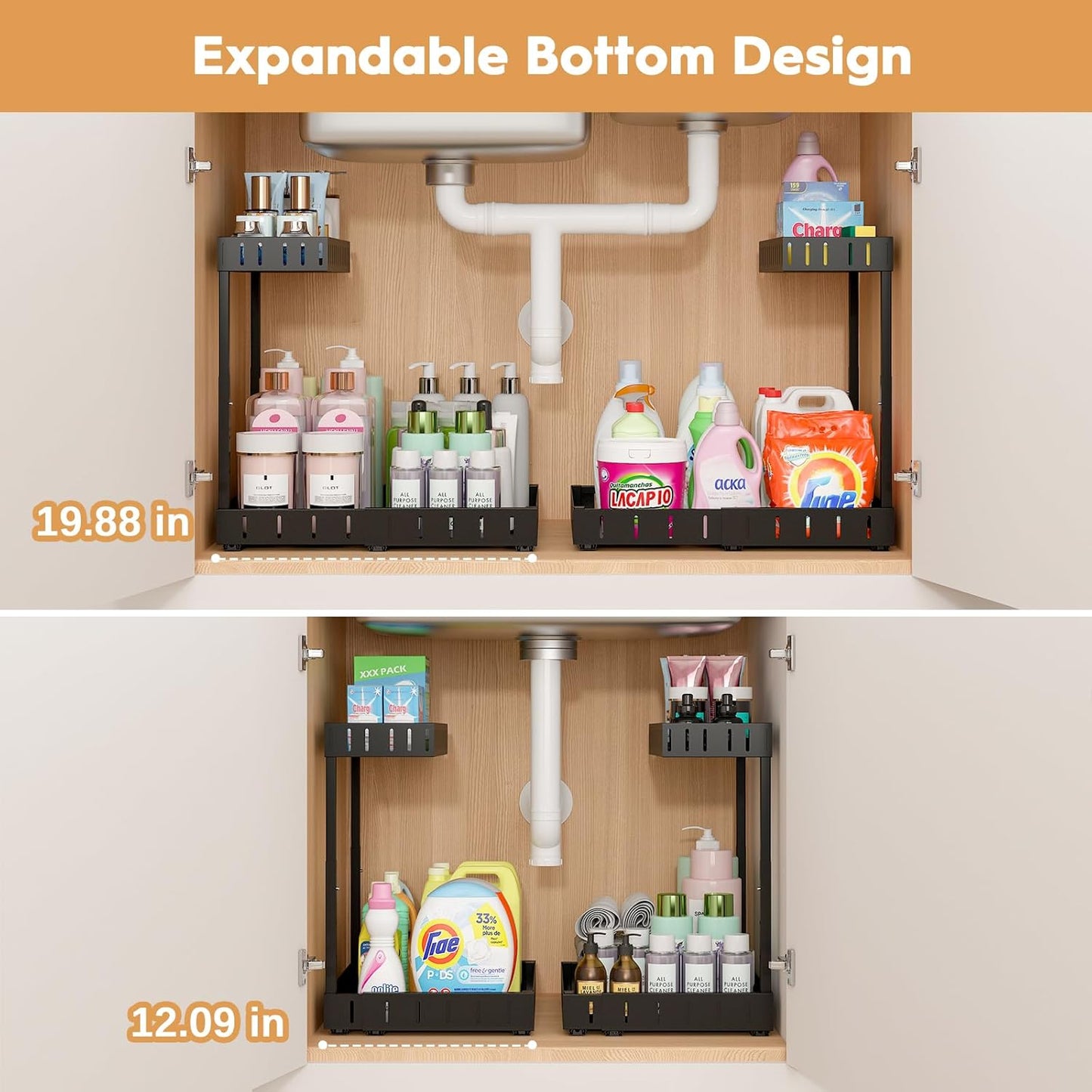 Under Sink Organizer, 2 Tier Expandable Under Cabinet Organizer