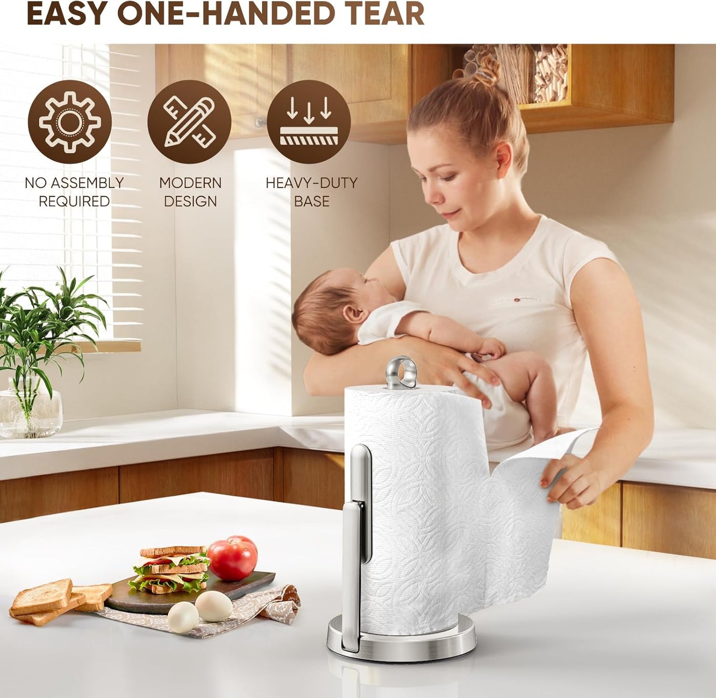 Heavy-Duty Stainless Steel Paper Towel Holder with Tension Arm – Easy One-Handed Tear