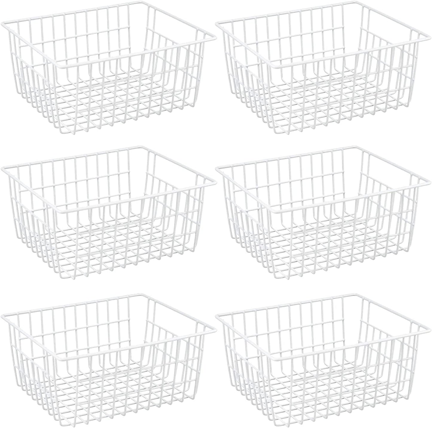 Wire Storage Baskets, Large Farmhouse Metal Freezer Basket Storage Organizer Bins with Handles for Kitchen Cabinets, Pantry, Closets, Bedrooms, Bathrooms, Set of 6, White