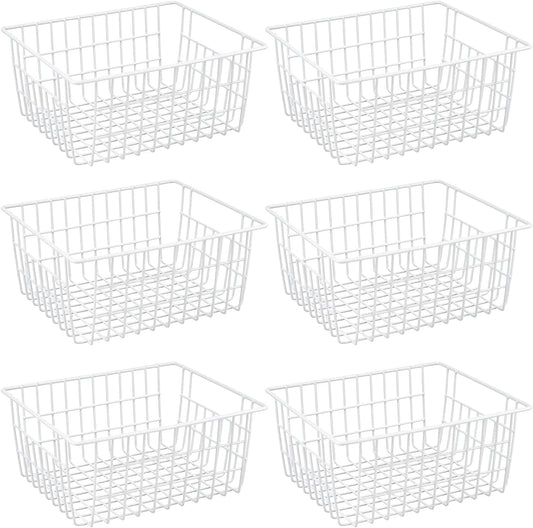 Wire Storage Baskets, Large Farmhouse Metal Freezer Basket Storage Organizer Bins with Handles for Kitchen Cabinets, Pantry, Closets, Bedrooms, Bathrooms, Set of 6, White