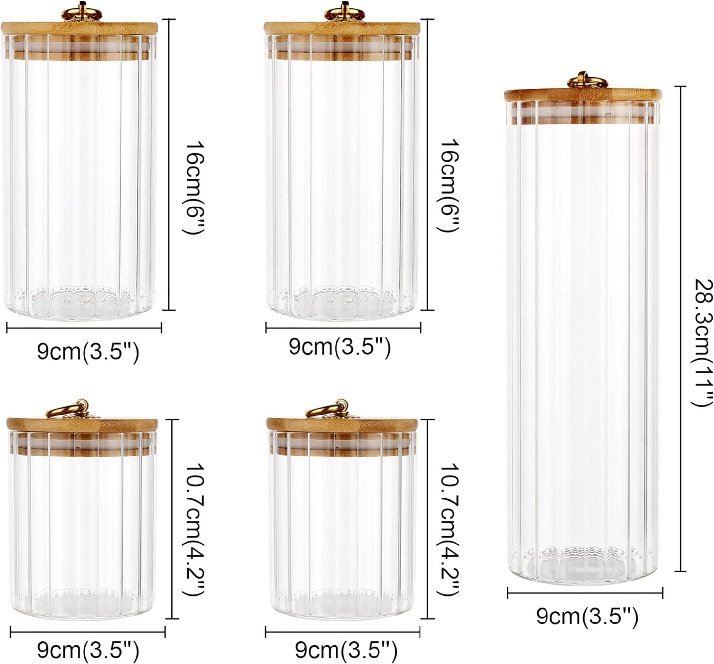 Glass Storage Jars Set of 5, Decorative Coffee Bar Container with Airtight Bamboo Lid Metal Ring for Home Kitchen Storing Candy, Cookie, Pasta, Nuts, Oatmeal and Bathroom Salt