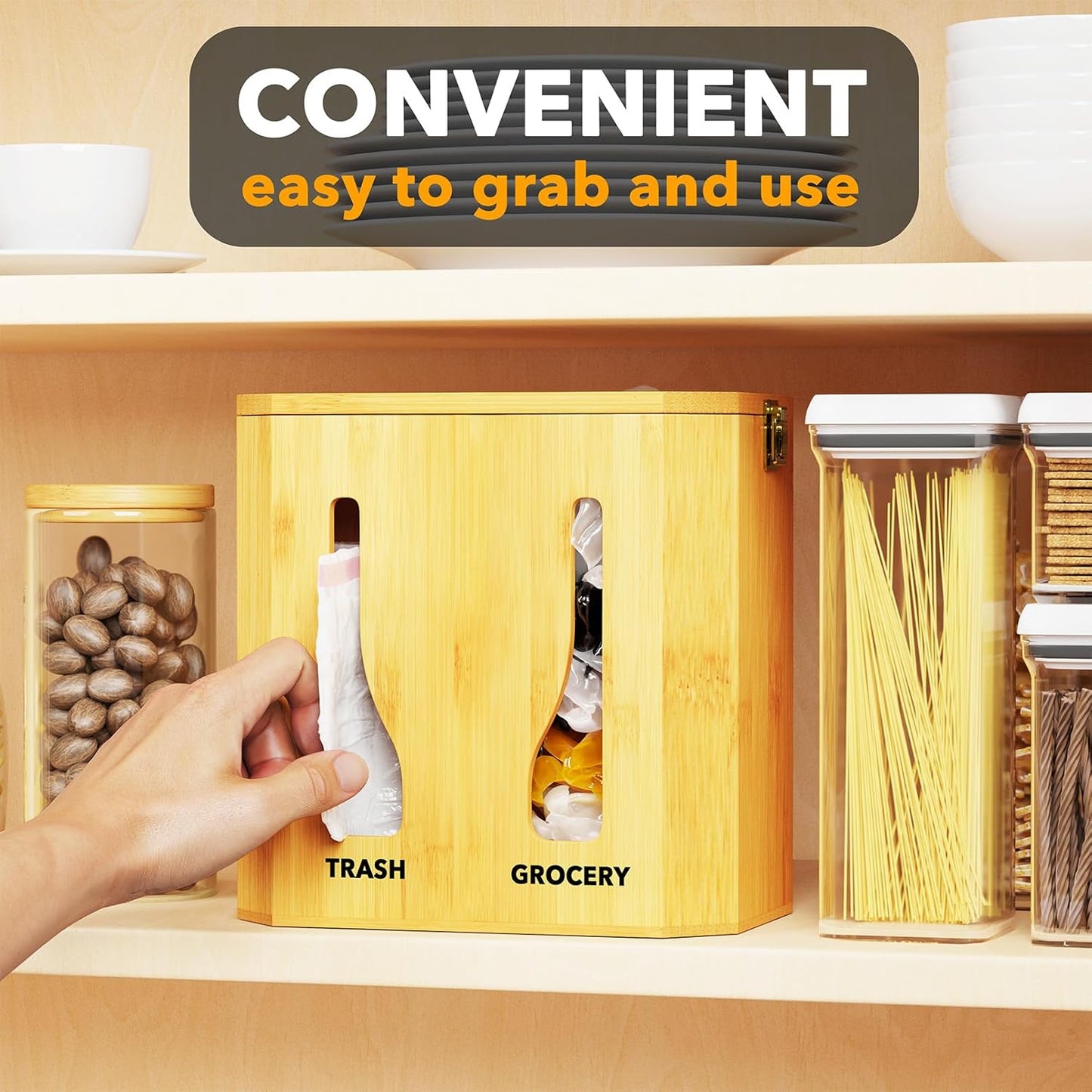 Bamboo 2 in 1 Garbage Bag Roll Holder & Dispenser, Under Sink Organizer for Kitchen Storage