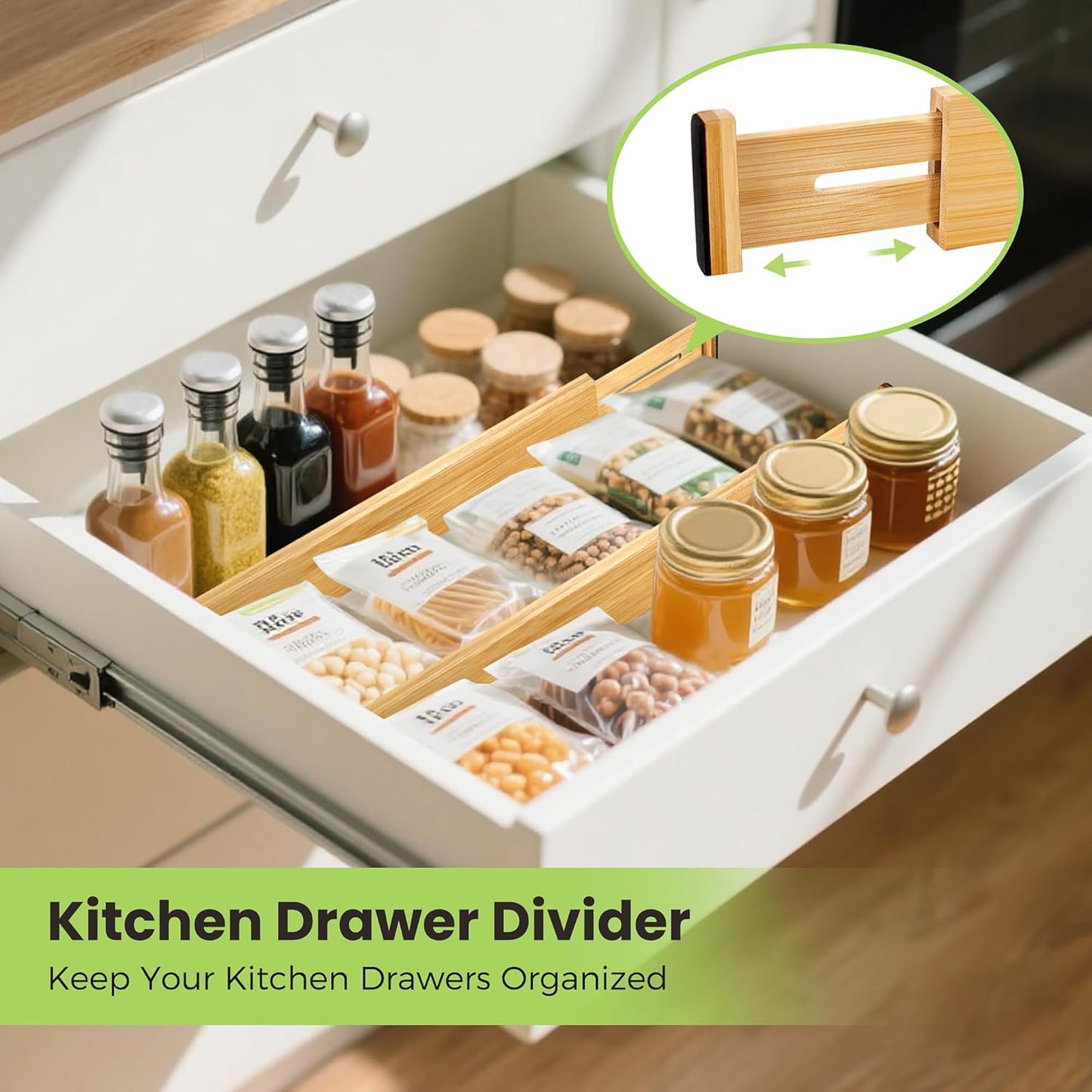 Drawer Divider, Adjustable Bamboo Kitchen Drawer Organizer, Spring Loaded Drawer Organizer
