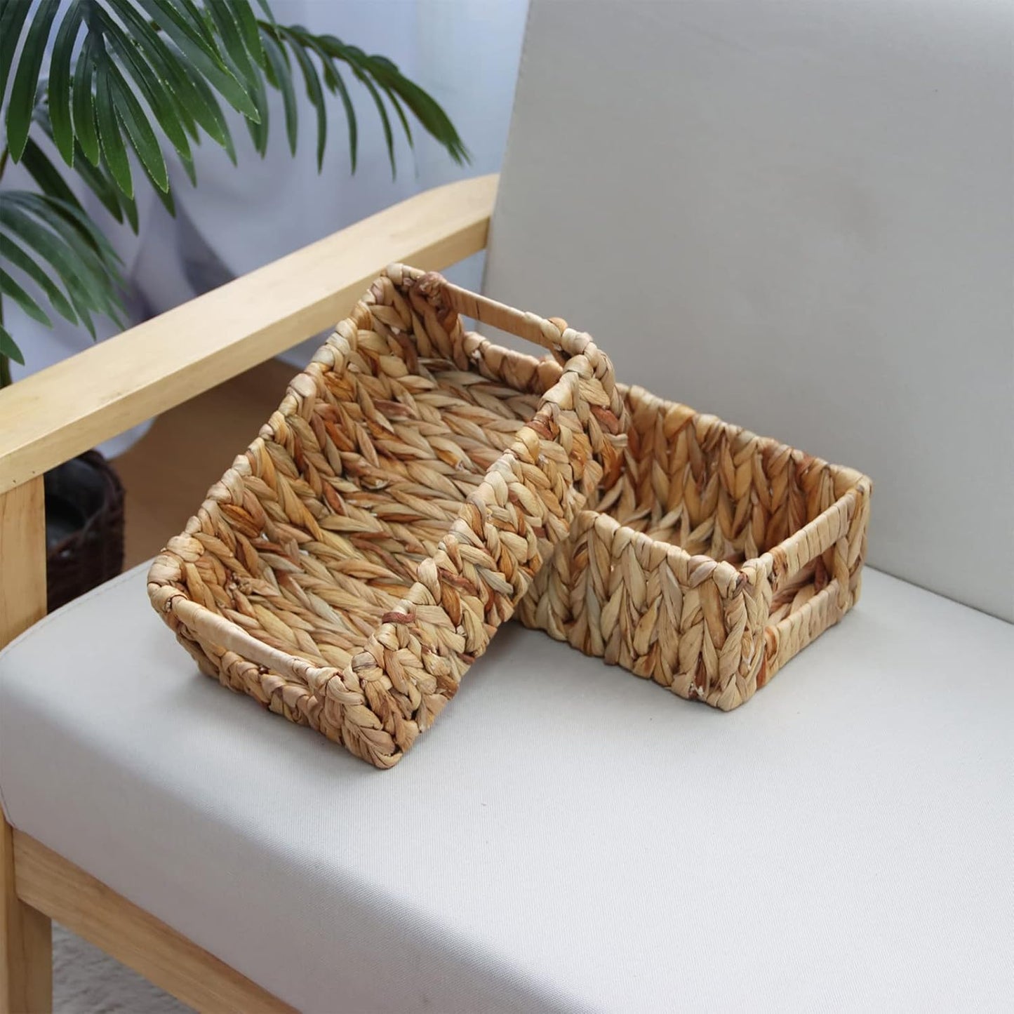 Woven Water Hyacinth Baskets for Organizing, Rectangular Wicker Baskets with Built-in Handles
