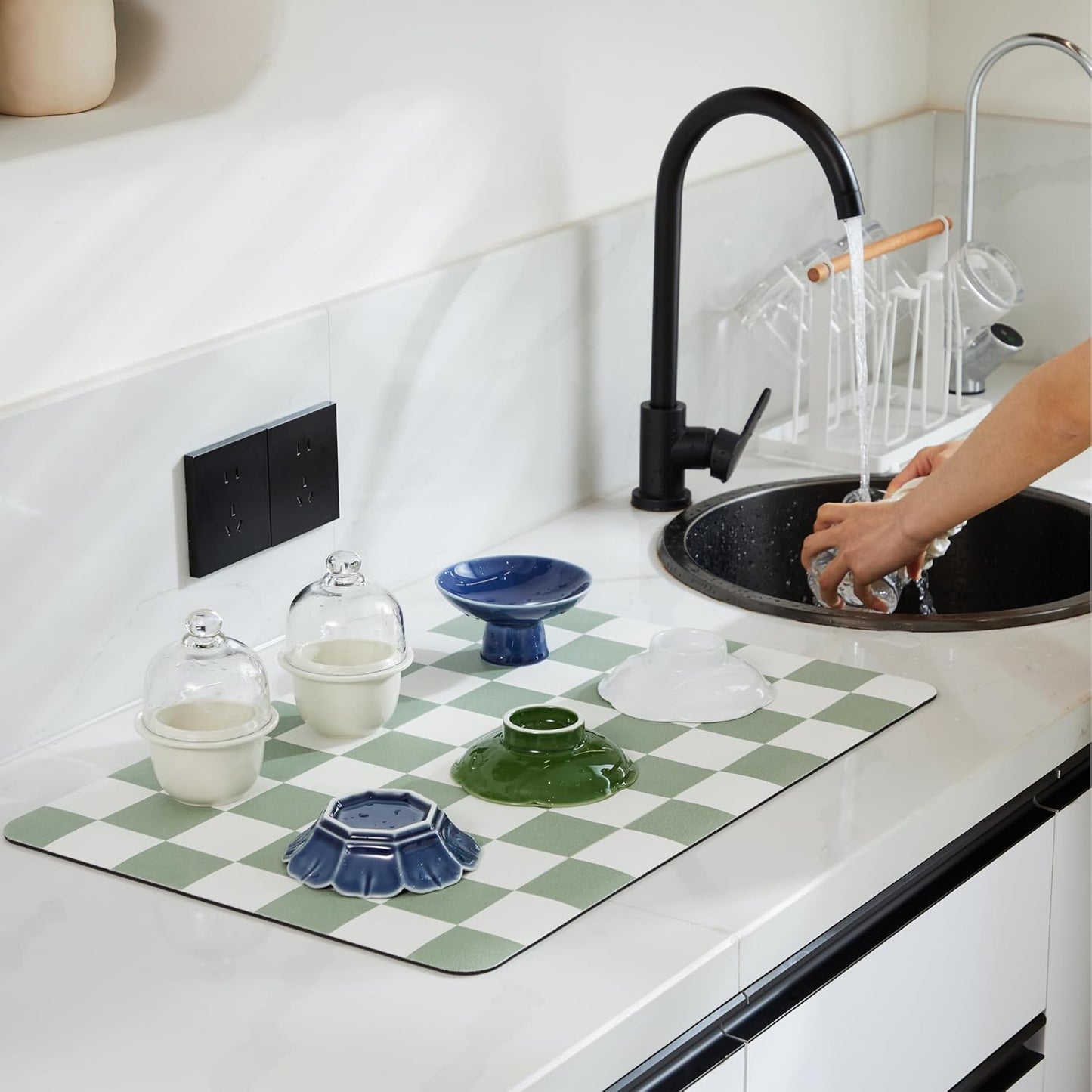 Checkered Dish Drying Mat for Kitchen Counter, Coffee Bar Station Accessories