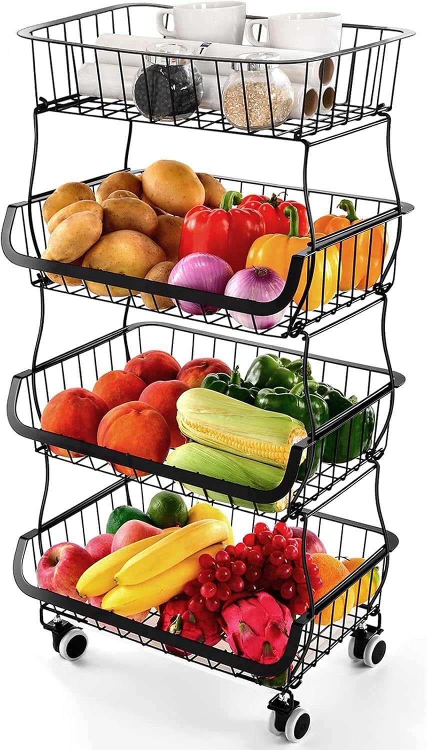 Fruit Vegetable Storage Basket, 4 Tier Stackable Metal Wire Storage Baskets with Wheels