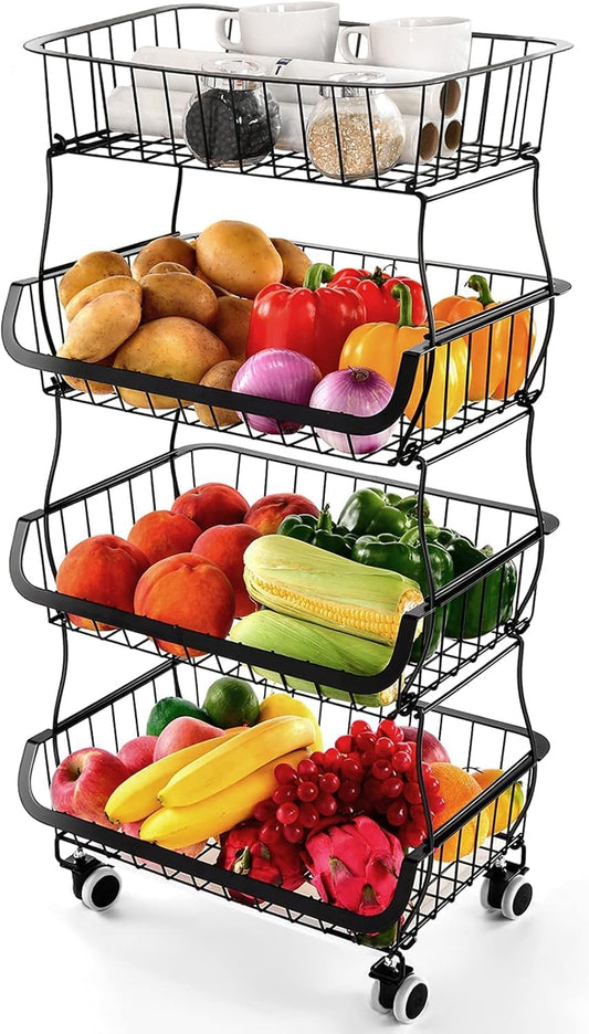 Fruit Vegetable Storage Basket, 4 Tier Stackable Metal Wire Storage Baskets with Wheels