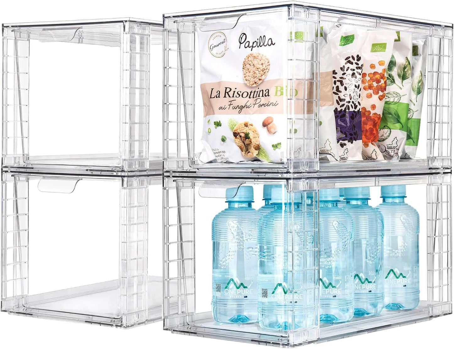 4Pack Large Stackable Kitchen Storage Drawers, Clear Foods Organizer Bins with Handles