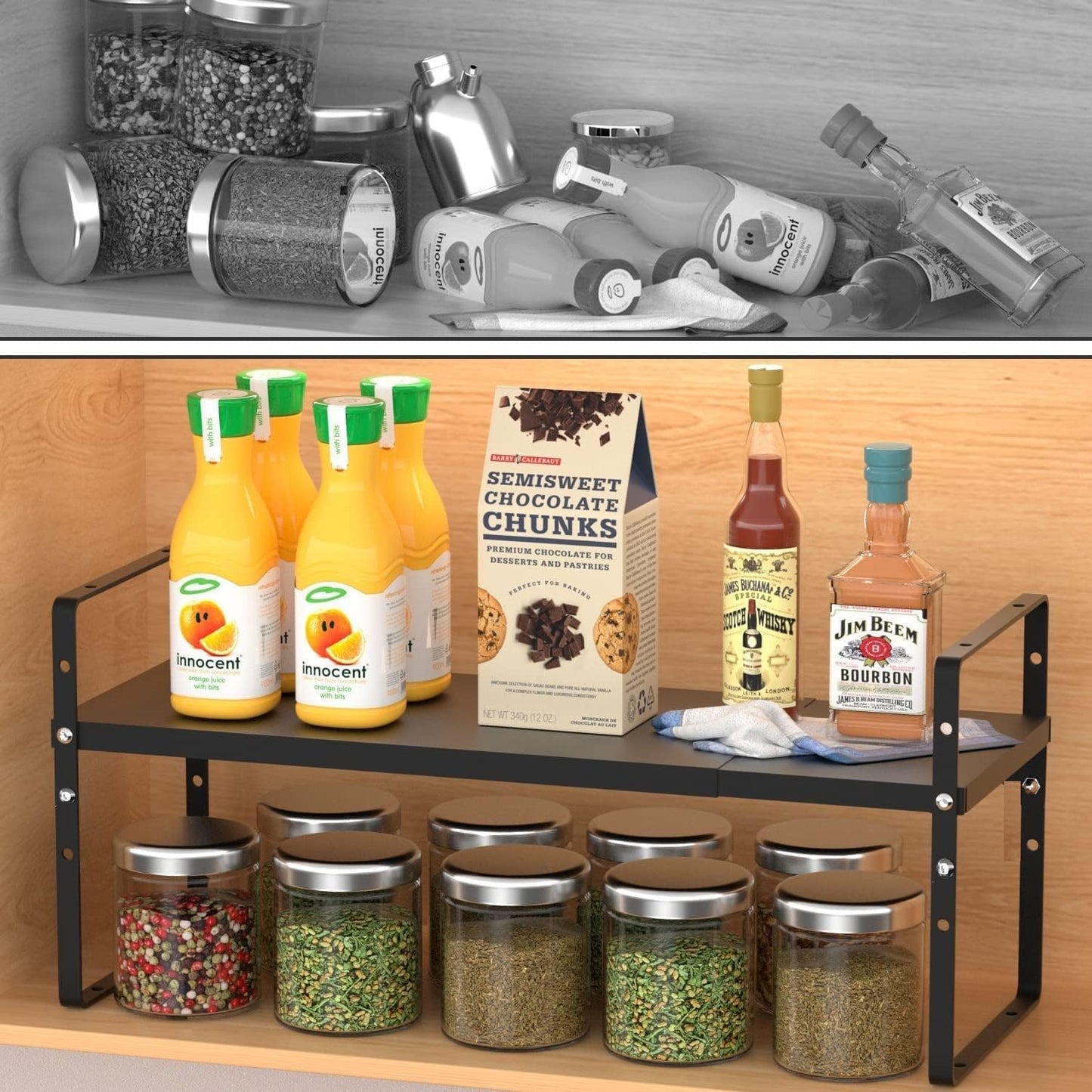 Expandable Stackable Spice Rack Cabinet Shelf Organizer in Cabinets Shelves Kitchen Cupboard Organization Stack up Racks Pantry Countertop Storage Large/Black 1 Pack