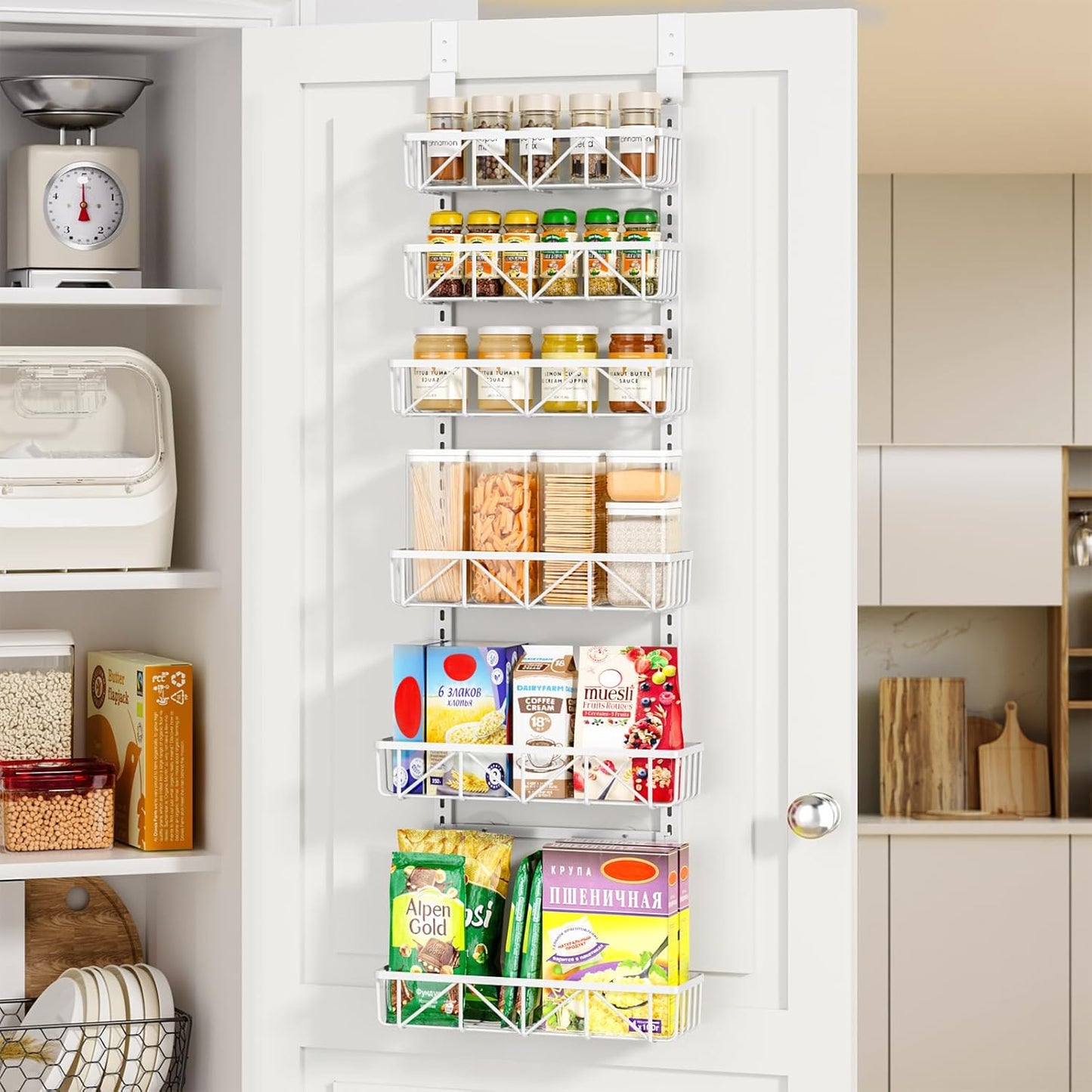 White Narrow 6-Tier Over the Door Pantry Organizer, Adjustable Metal Hanging Spice Rack
