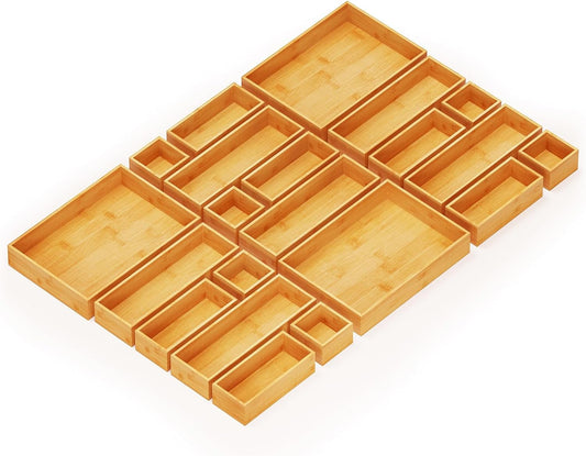21-Piece Bamboo Drawer Organizer Storage Boxes Set