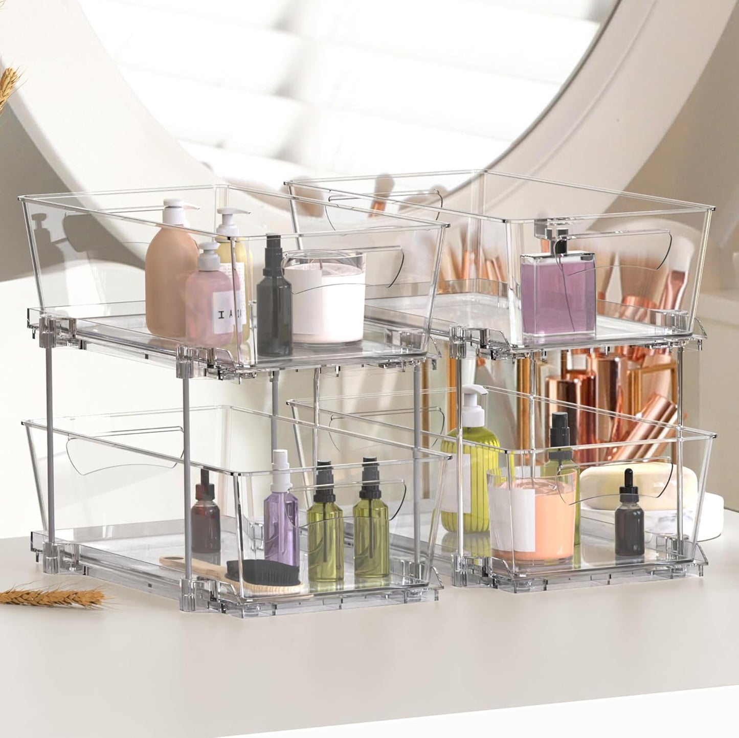 2 Tier Basket Drawer Cabinet Pull-Out Organizer, 2 Pack, Clear