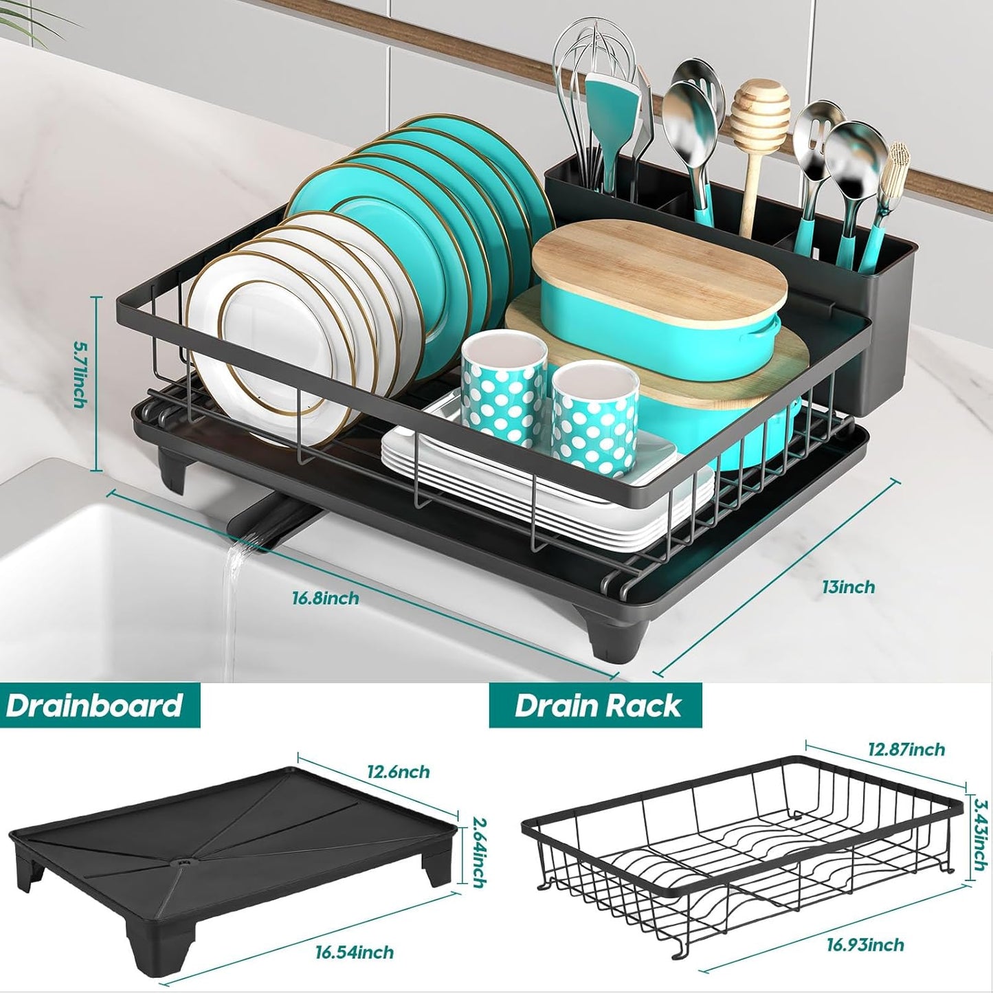 Dish Racks for Kitchen Counter, 2025 Upgrade Large Sink Dish Drying Rack with 3-Compartment Utensil Holder 16.8" D x 13" W x 5.71" H