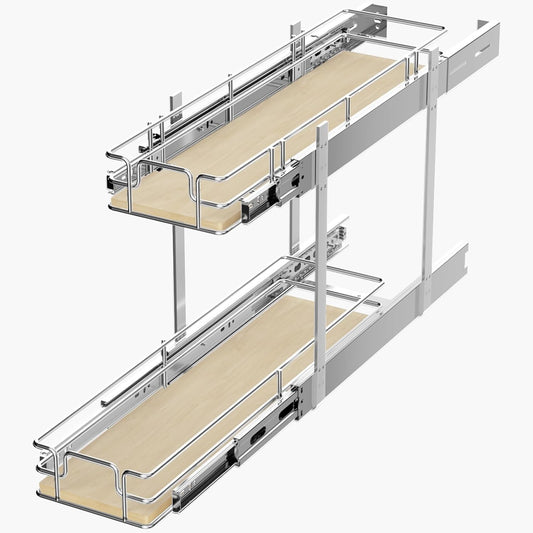 2 Tier Individual Pull Out Cabinet Organizer 7½"W x 21½"D, Slide Out Wood Shelves Organizers